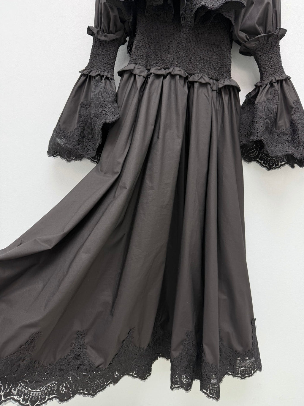 Lace-Trim Smocked Maxi Dress - Black - View 7