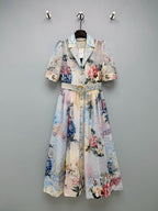 Watercolor Floral Belted Shirt Dress - Powder Blue Floral - View 1