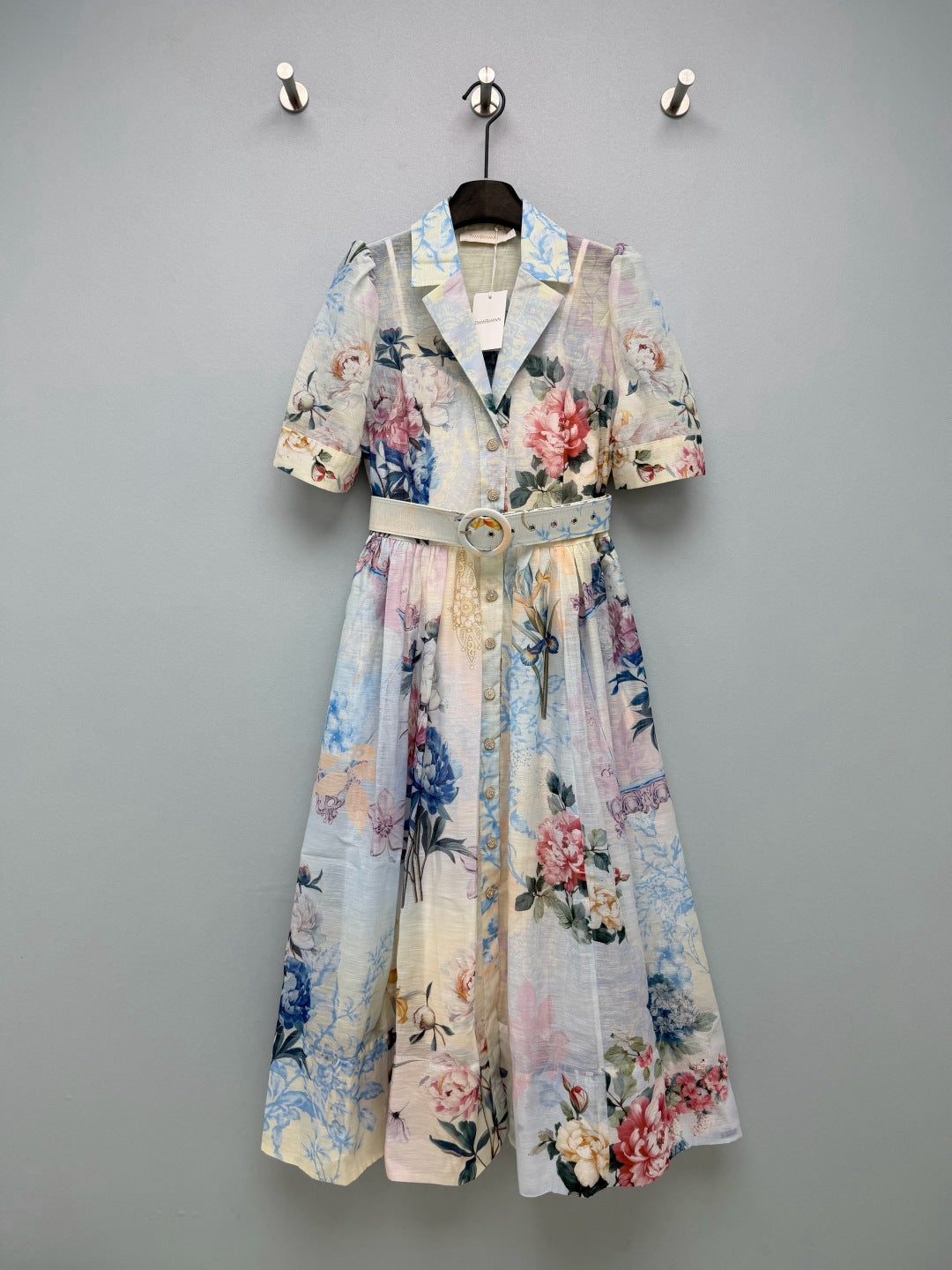 Watercolor Floral Belted Shirt Dress - Powder Blue Floral - View 1
