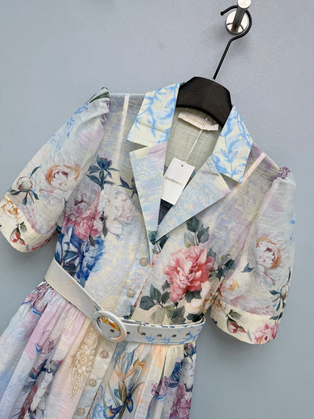 Watercolor Floral Belted Shirt Dress - Powder Blue Floral - View 3