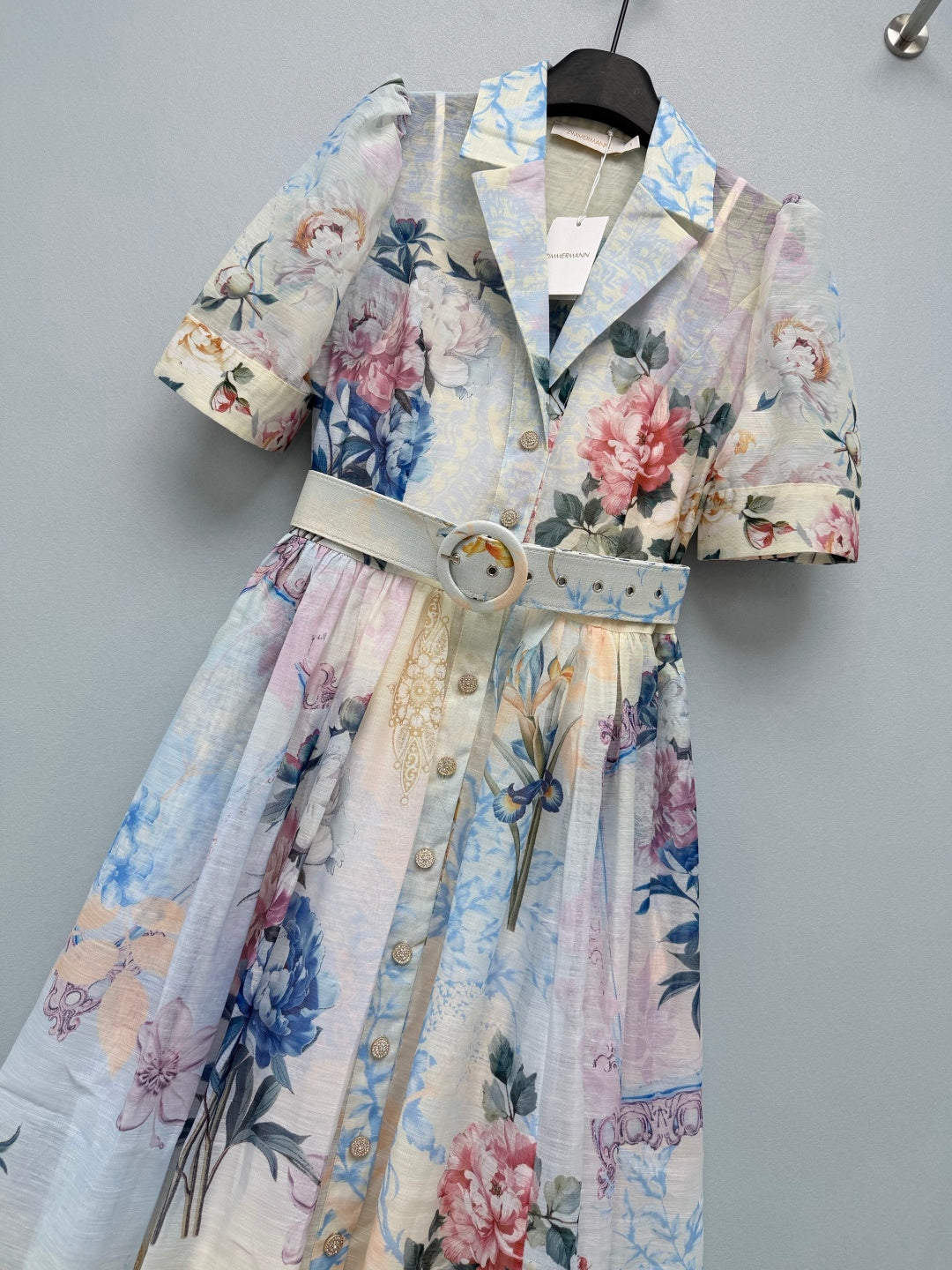 Watercolor Floral Belted Shirt Dress - Powder Blue Floral - View 4