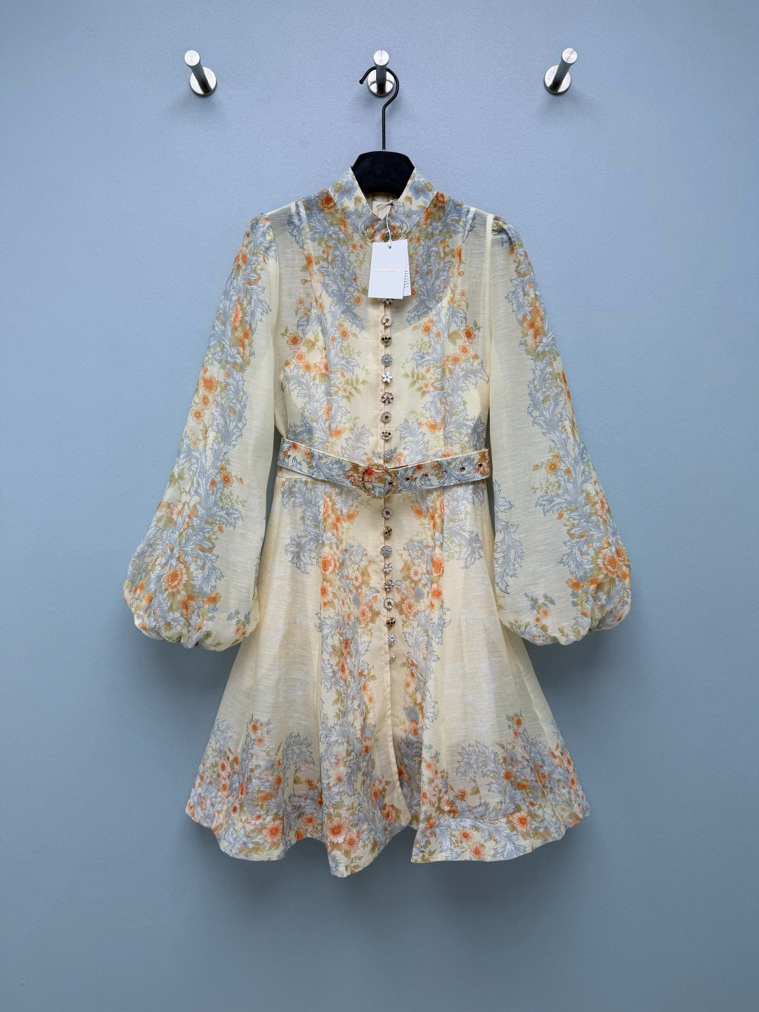 Baroque Floral High-Neck Mini Dress - Powder Blue - View 10
