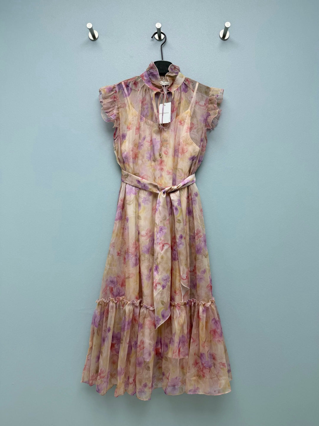Floral Scarf-Belt Ruffle Maxi Dress - Pink Purple - View 19