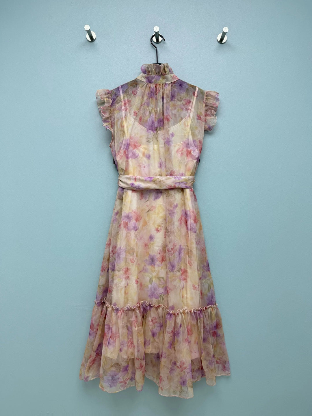 Floral Scarf-Belt Ruffle Maxi Dress - Pink Purple - View 27