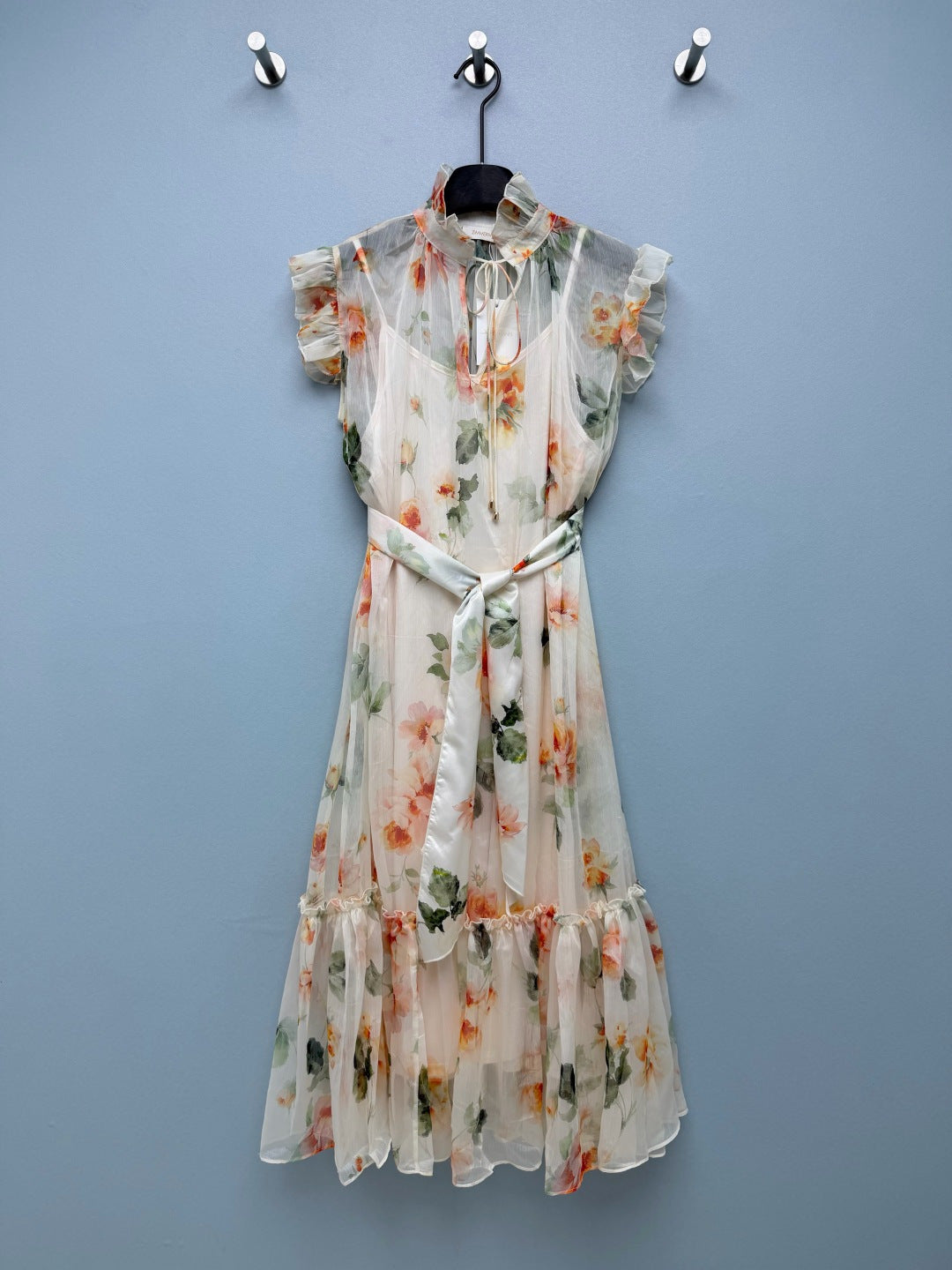 Floral Scarf-Belt Ruffle Maxi Dress - Ivory Orange - View 10
