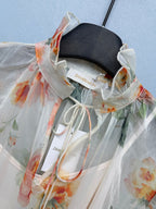 Floral Scarf-Belt Ruffle Maxi Dress - Ivory Orange - View 11