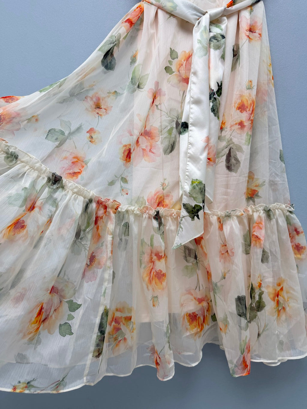 Floral Scarf-Belt Ruffle Maxi Dress - Ivory Orange - View 16