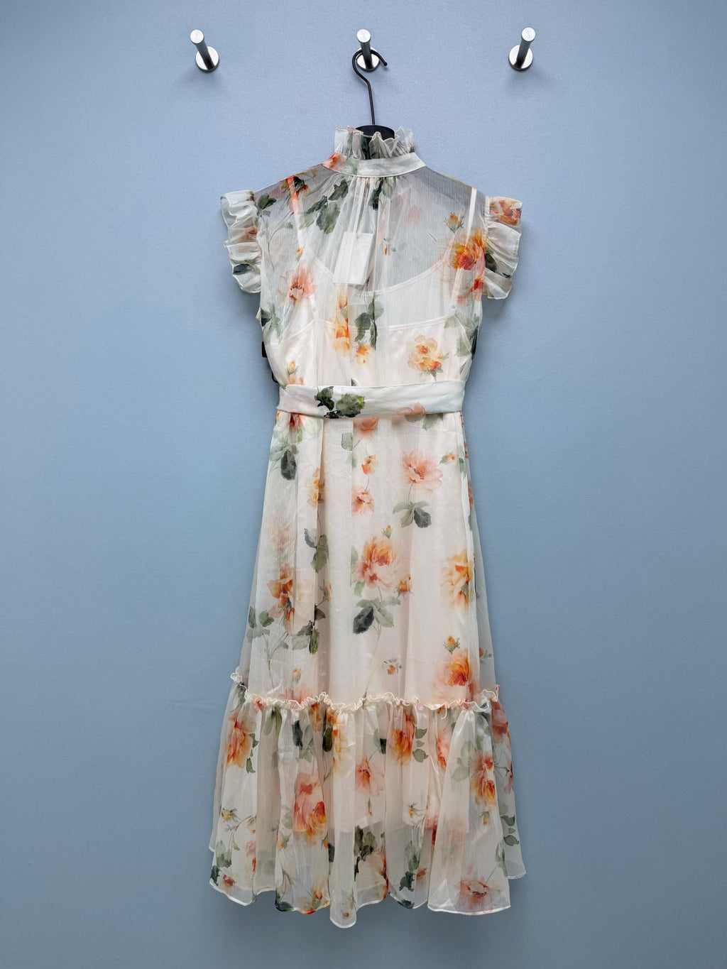 Floral Scarf-Belt Ruffle Maxi Dress - Ivory Orange - View 18
