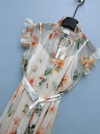Floral Scarf-Belt Ruffle Maxi Dress - Ivory Orange - View 13