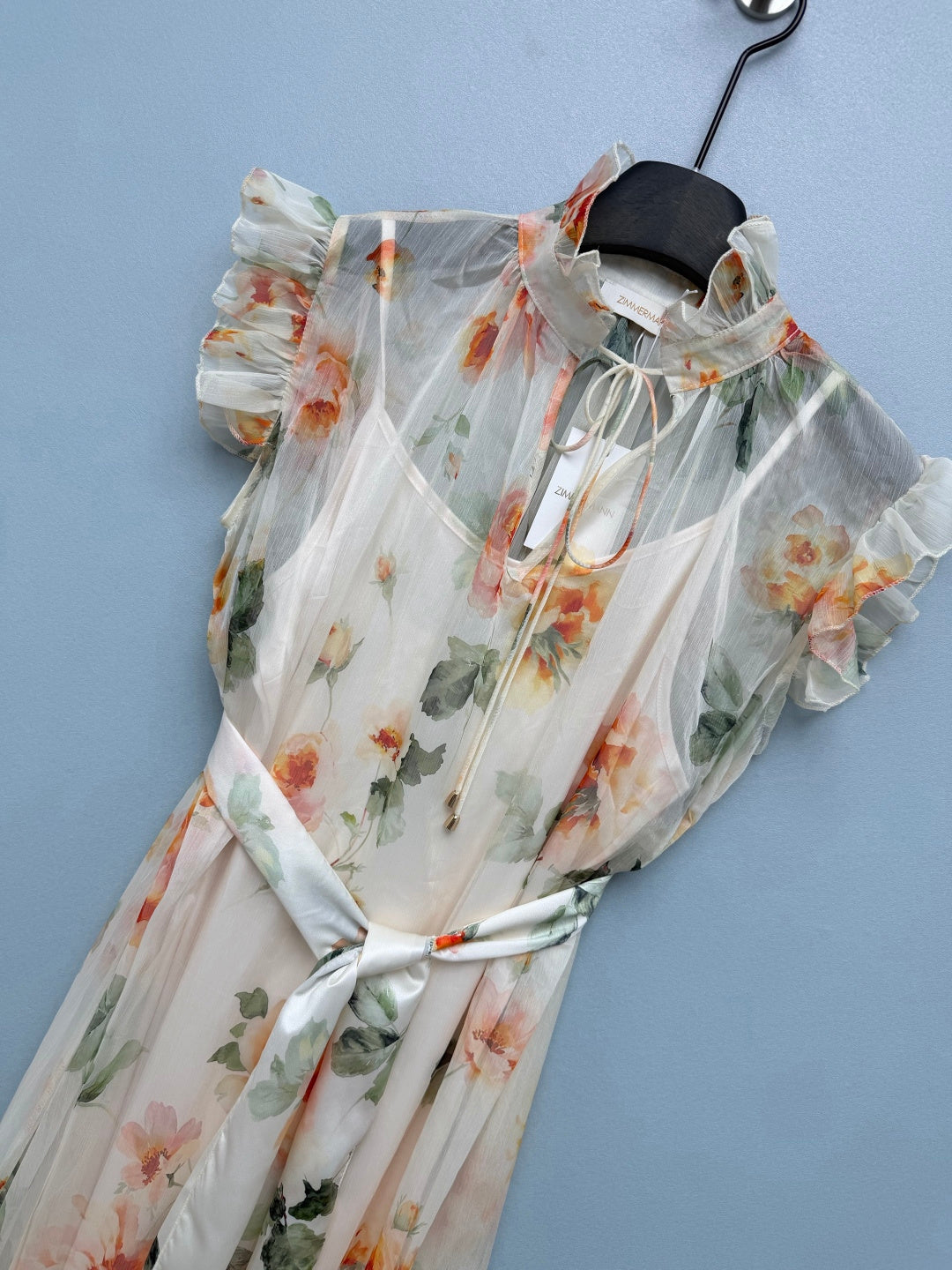 Floral Scarf-Belt Ruffle Maxi Dress - Ivory Orange - View 13