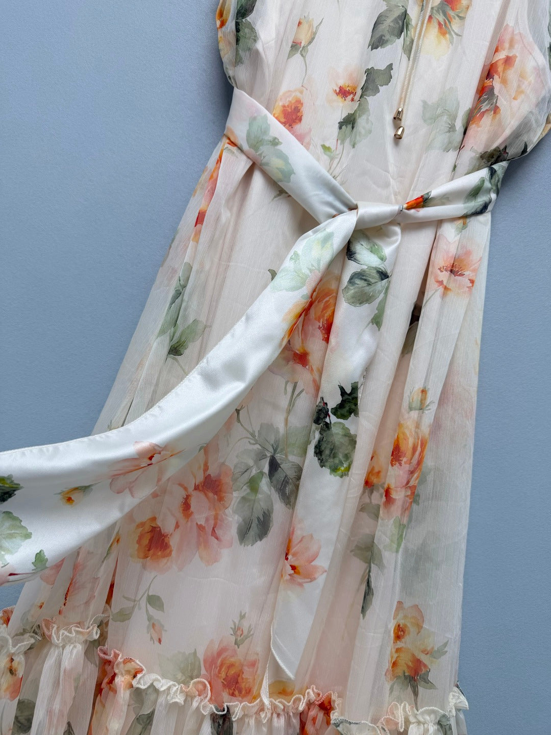 Floral Scarf-Belt Ruffle Maxi Dress - Ivory Orange - View 14