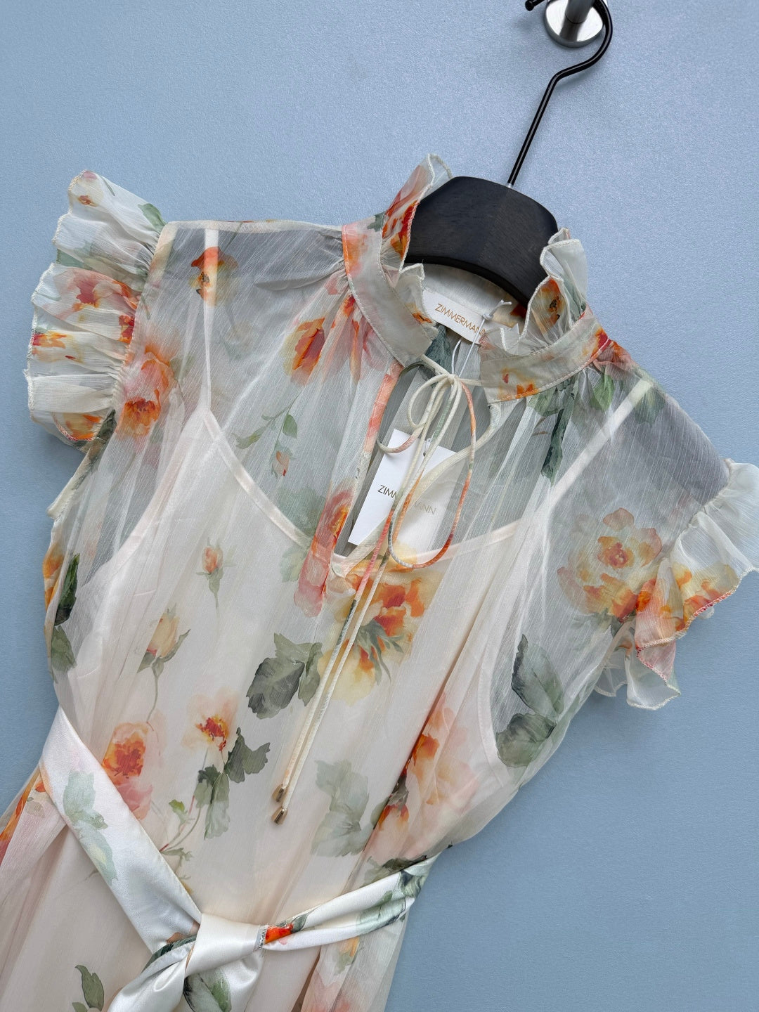 Floral Scarf-Belt Ruffle Maxi Dress - Ivory Orange - View 12