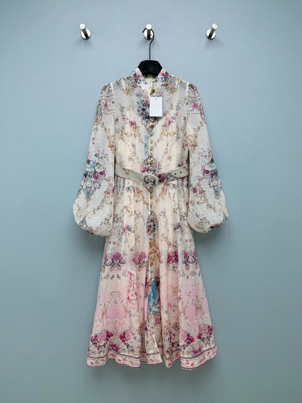 Peacock Print High-Neck Maxi Dress - Ivory Pink - View 1
