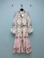 Peacock Print High-Neck Maxi Dress - Ivory Pink - View 1