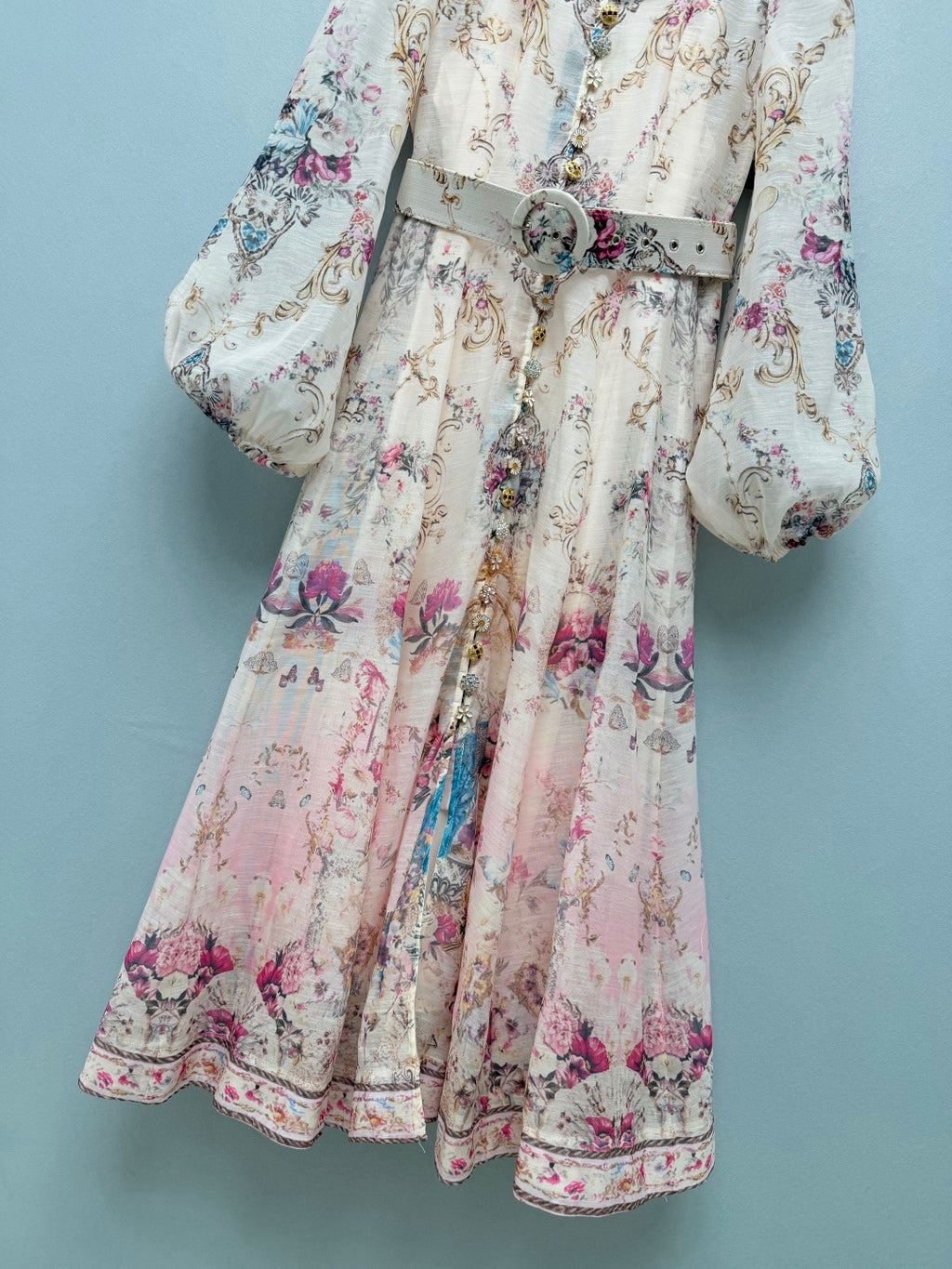 Peacock Print High-Neck Maxi Dress - Ivory Pink - View 5