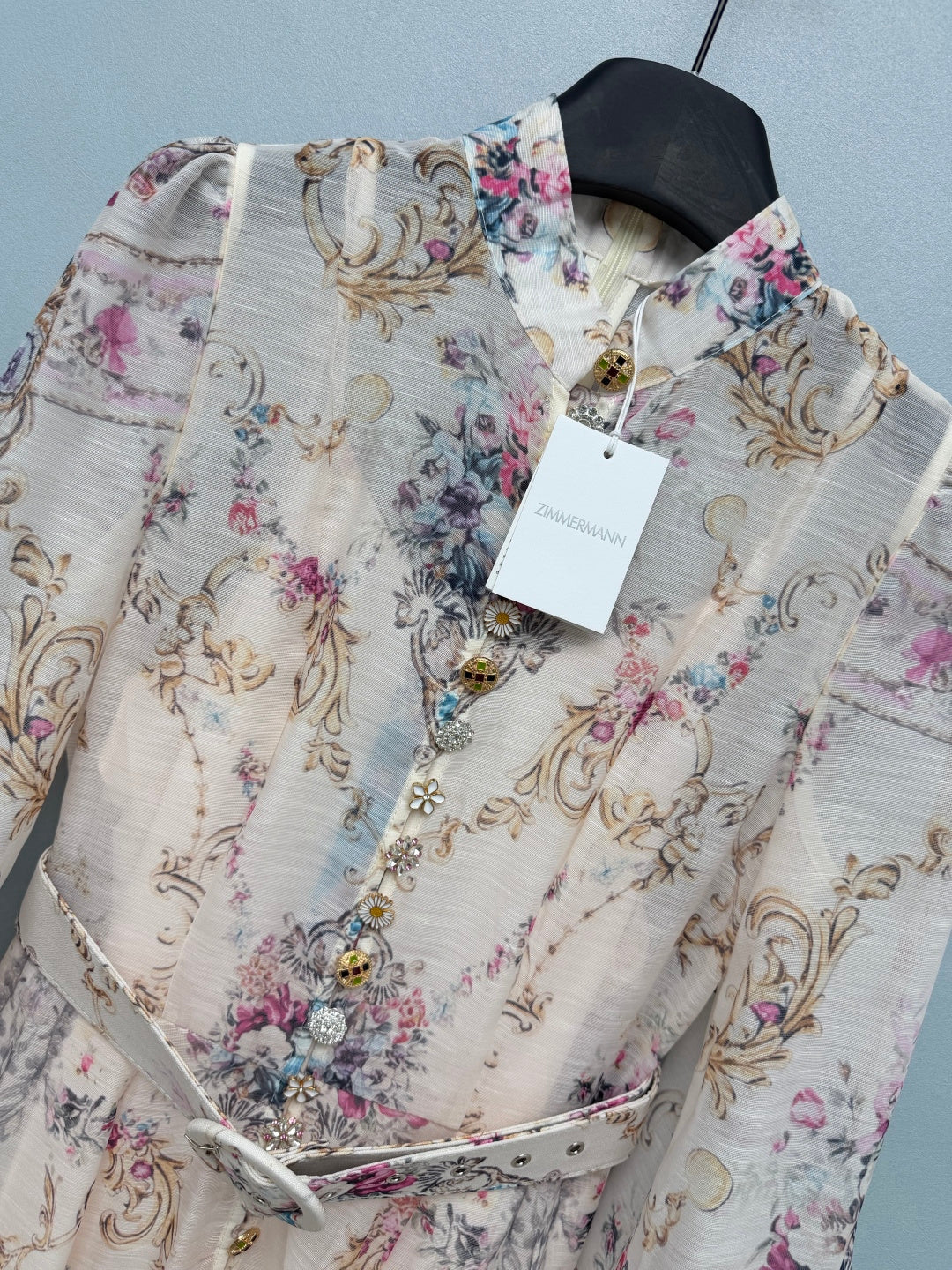 Peacock Print High-Neck Maxi Dress - Ivory Pink - View 3