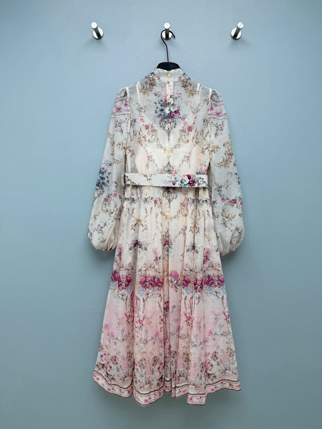 Peacock Print High-Neck Maxi Dress - Ivory Pink - View 8