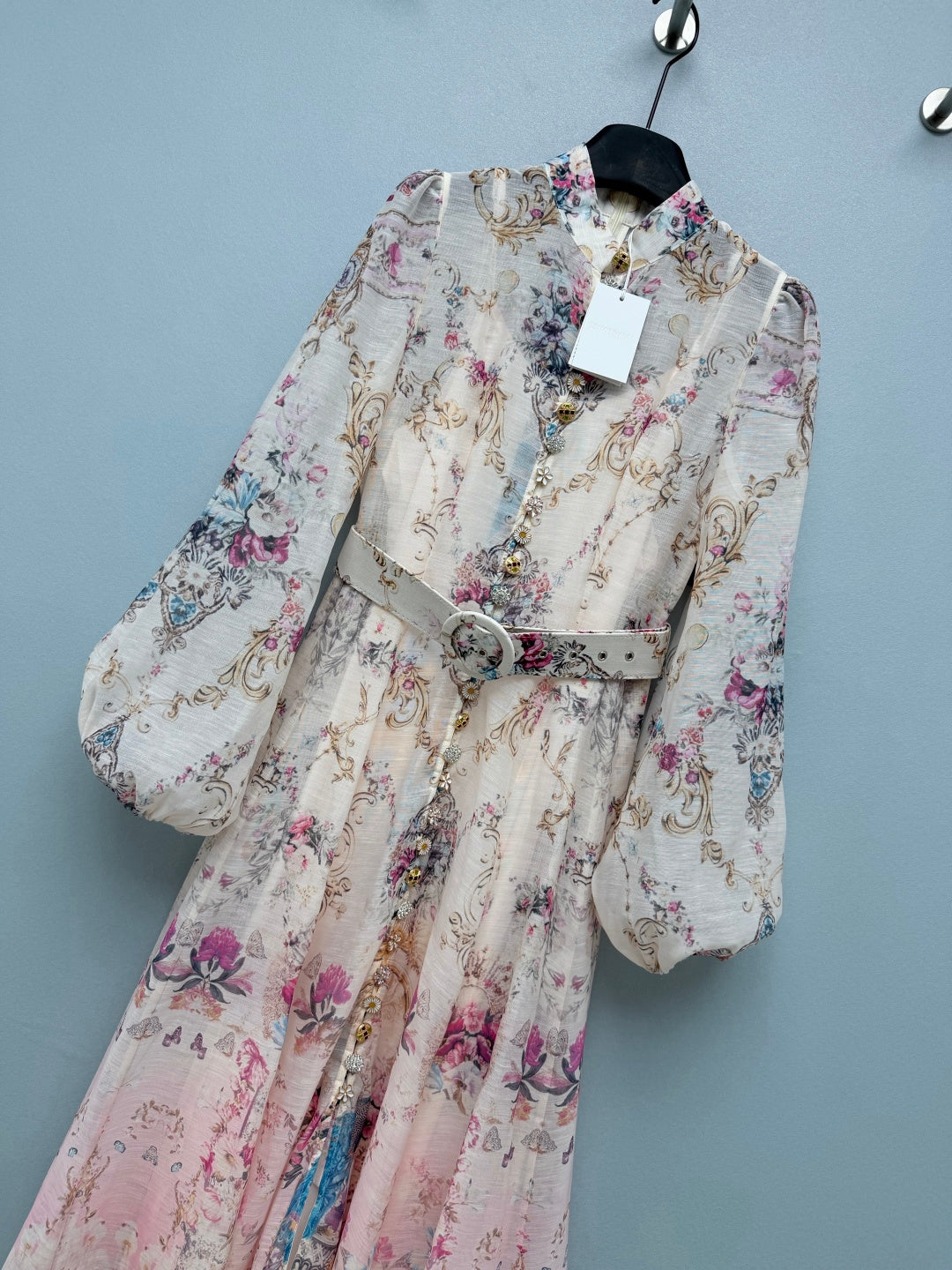 Peacock Print High-Neck Maxi Dress - Ivory Pink - View 4