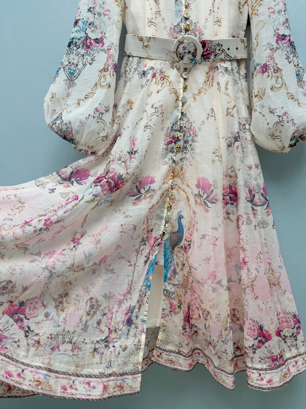 Peacock Print High-Neck Maxi Dress - Ivory Pink - View 6