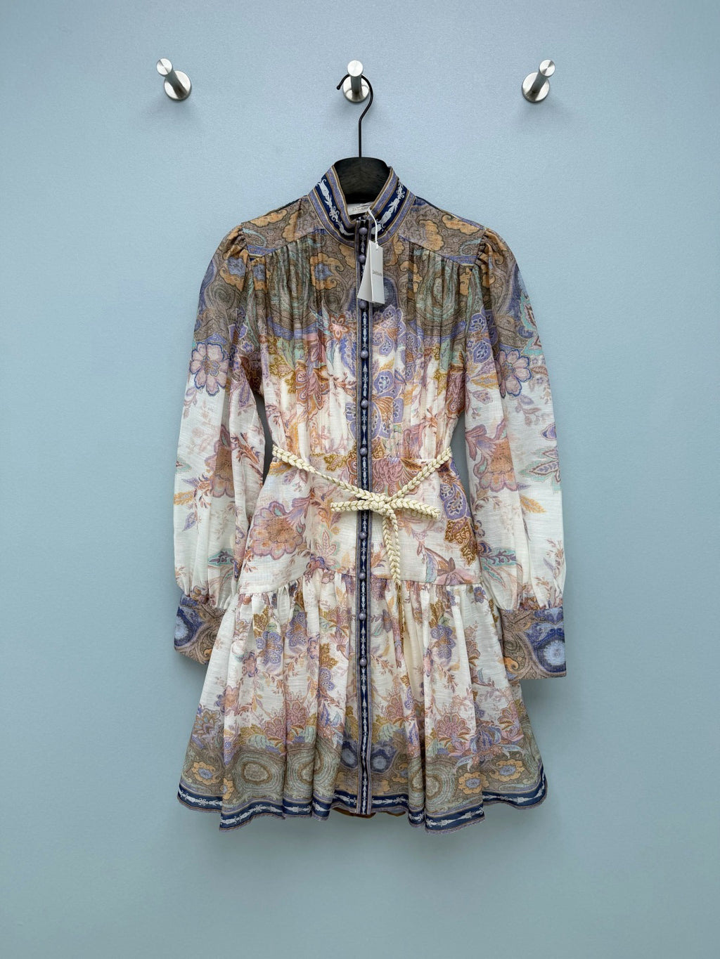 Paisley Print High-Neck Mini Dress - Blue Multicolor - View 1