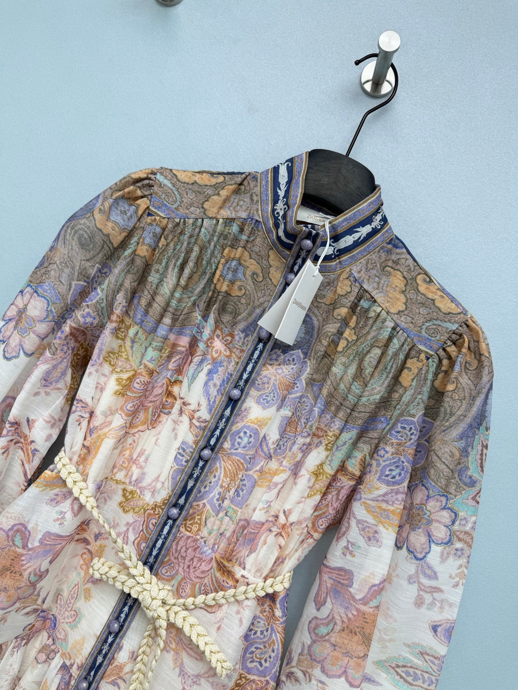 Paisley Print High-Neck Mini Dress - Blue Multicolor - View 3