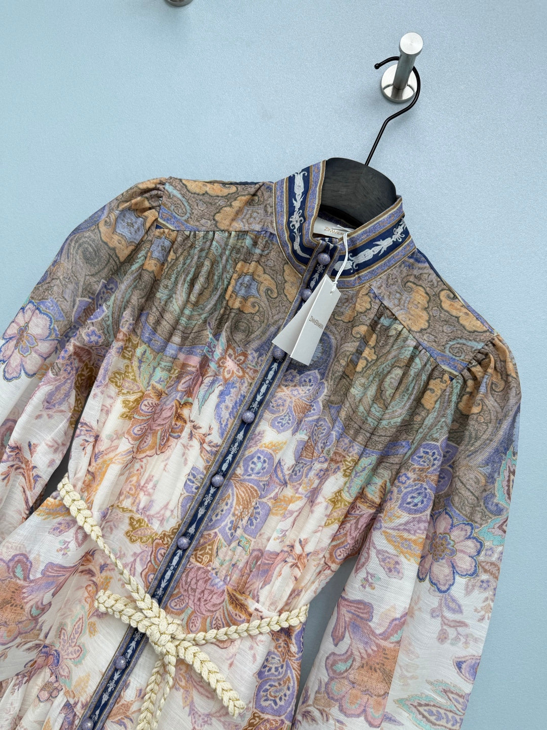 Paisley Print High-Neck Mini Dress - Blue Multicolor - View 3