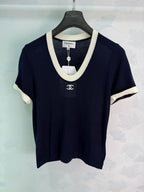 V-Neck Contrast-Trim Knit Top - View 2