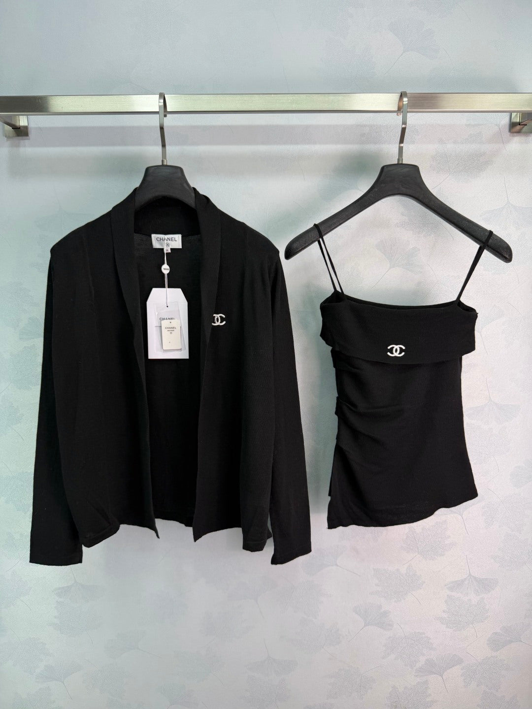 Knit Cardigan And Skirt Three-Piece Set - Black - View 1