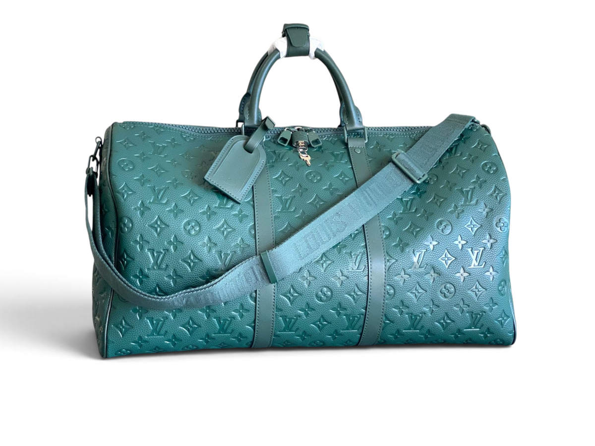 SWORD LUXURY Borneo Green Taurillon Monogram deri Keepall Bandoulière 50 seyahat çantası, gümüş donanımlı.