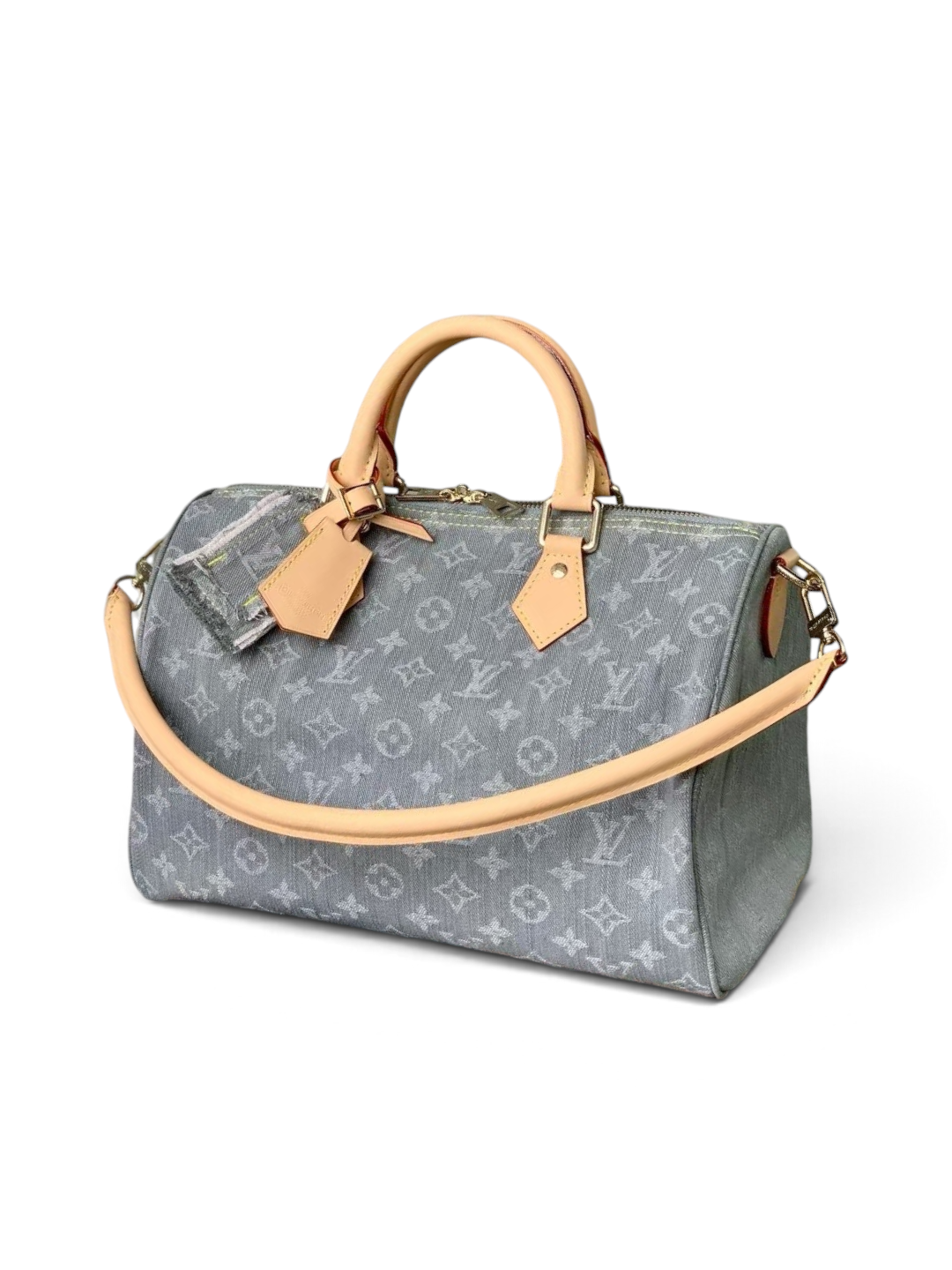 SWORD LUXURY Monogram Denim Speedy Soft 30 çanta, açık mavi denim kumaş, doğal deri saplar ve altın tonlu donanım.