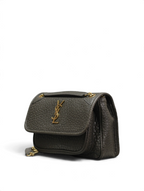 SWORD LUXURY imzalı, altın tonlu YSL logolu, gri damarlı deri Niki orta boy satchel çanta.