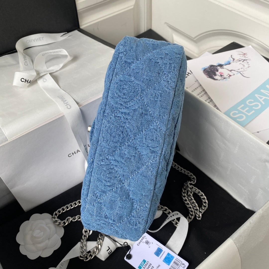 Denim Flap Bag with Silver-Tone Chain