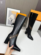 Leather & Knit Chain Detail Knee-High Boots