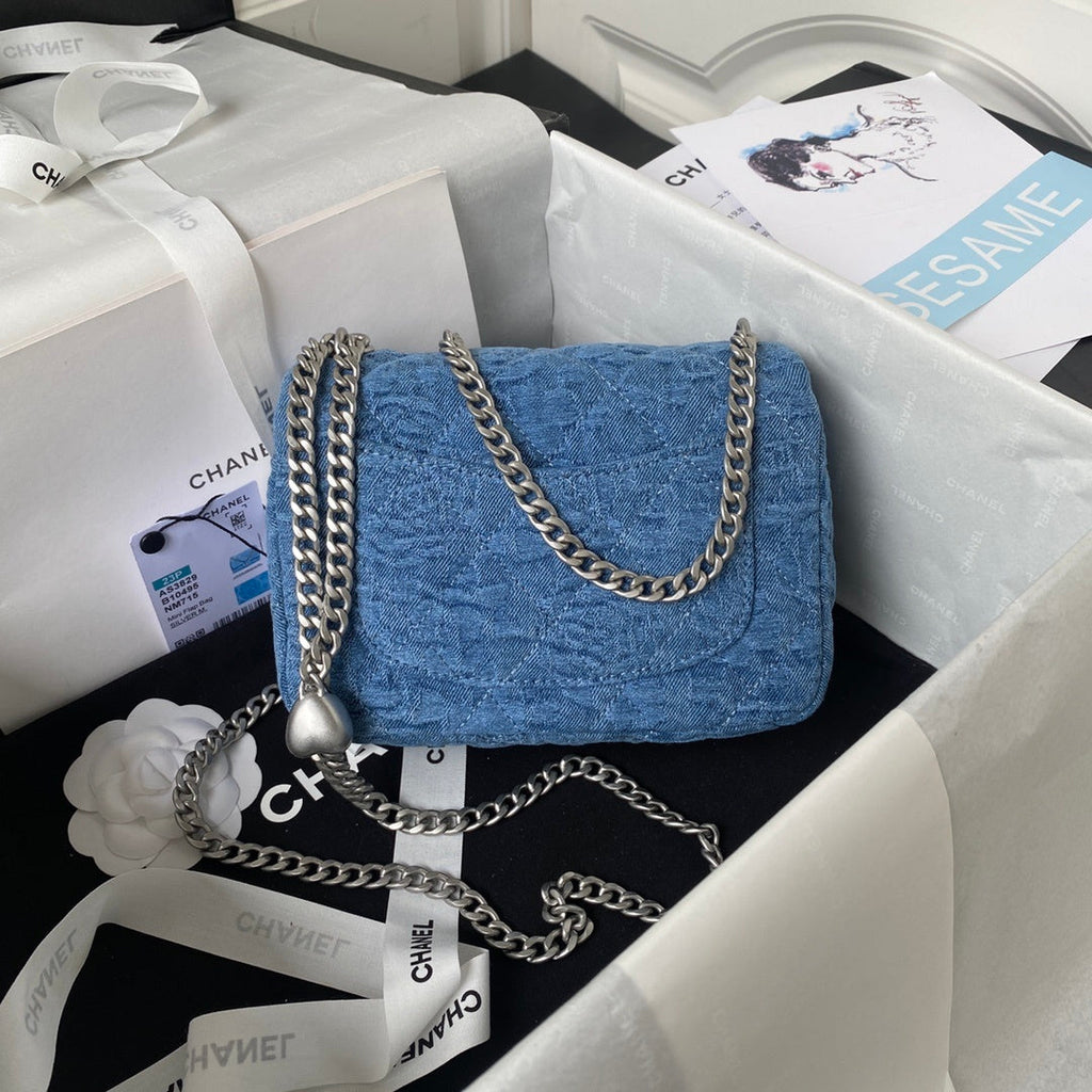 Mini Flap Bag in Quilted Denim with Silver-Tone Chain