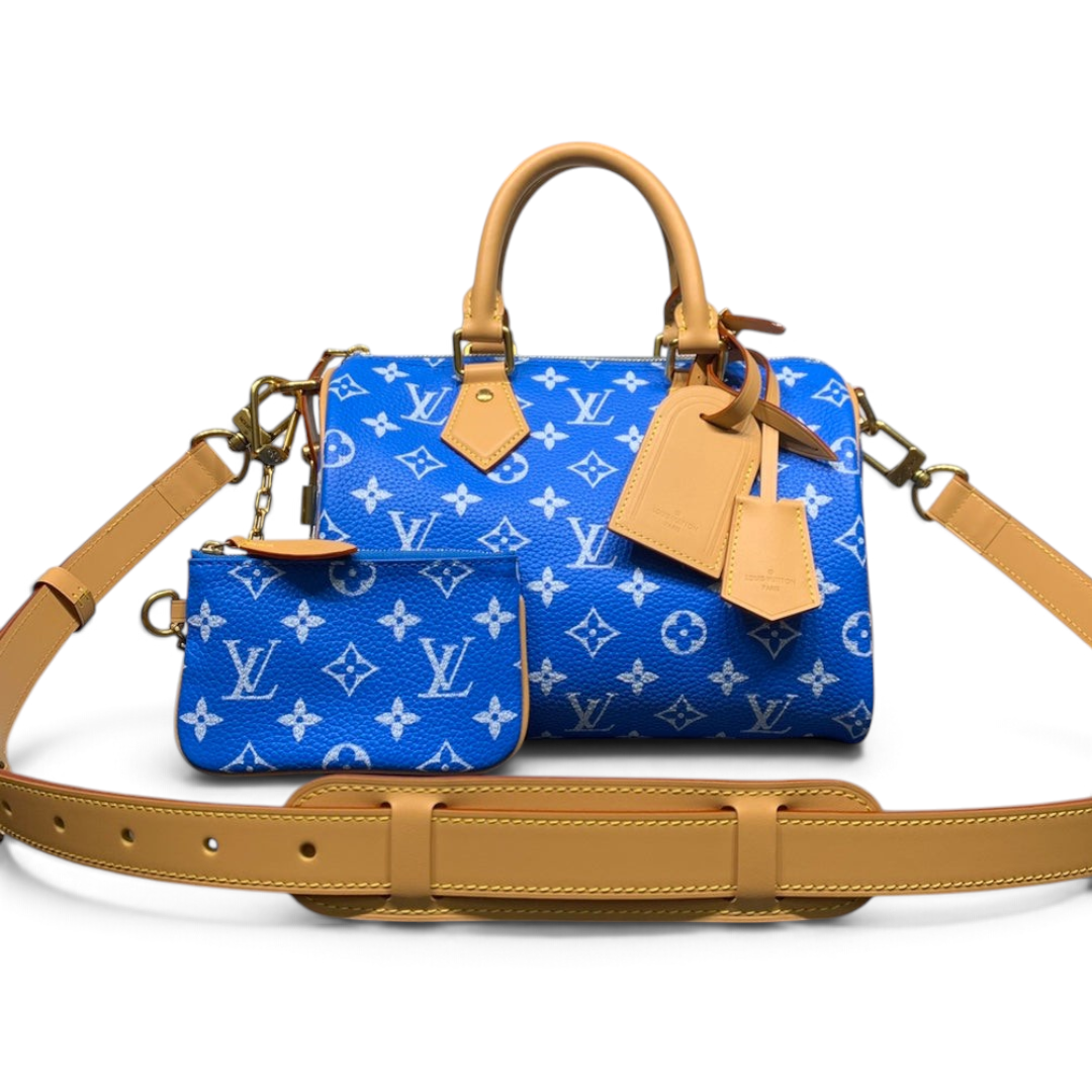 SWORD LUXURY marka, parlak mavi monogram kabartmalı deri Louis Vuitton Speedy Bandoulière 25 çanta ve aksesuarları.