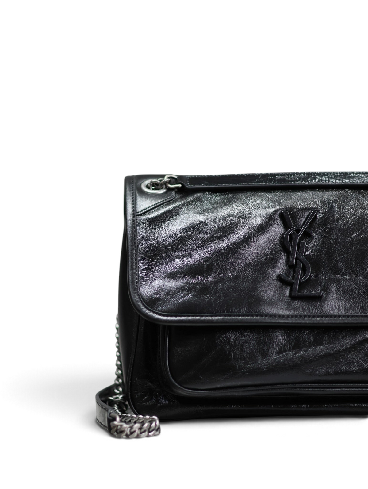 SWORD LUXURY siyah kırışık deri Niki omuz çantası, mat siyah monogram ve gunmetal zincir askı detaylı.