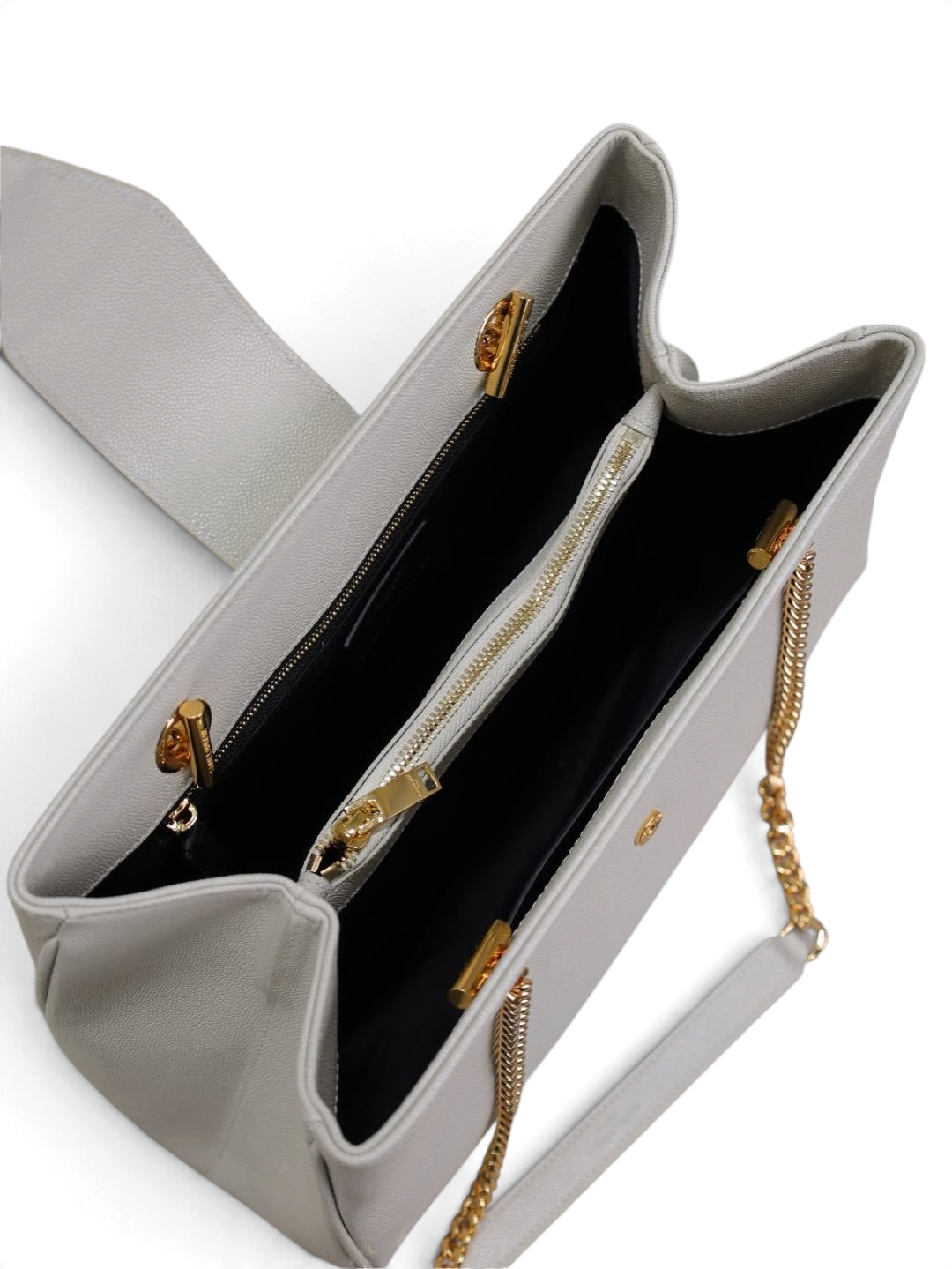 SWORD LUXURY bej renkli, dokulu deri, altın zincir askılı ve fermuarlı iç bölmeye sahip şık omuz çantası.