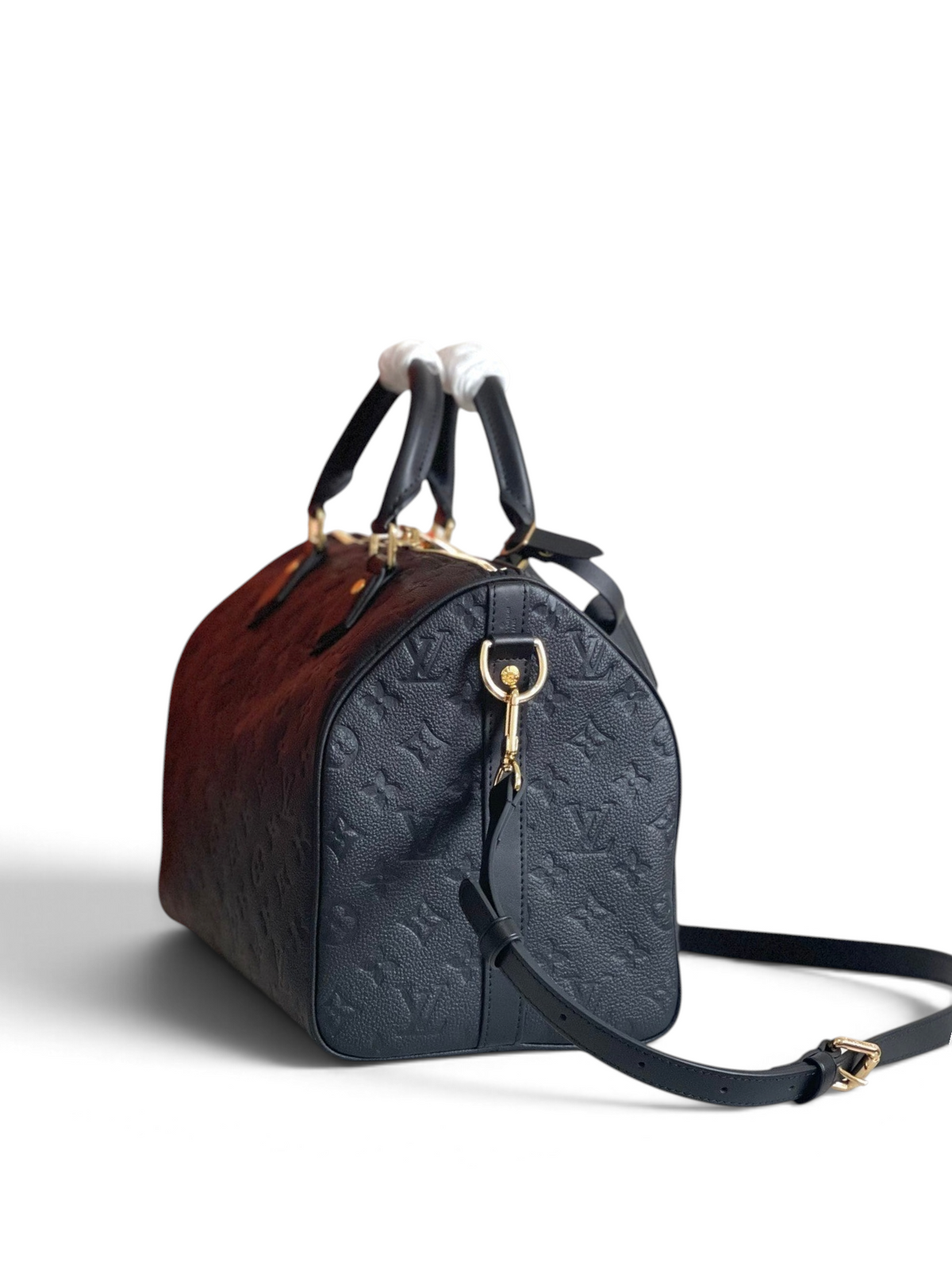 SWORD LUXURY siyah Monogram Empreinte deri Louis Vuitton Speedy Bandoulière 25 çanta, altın tonlu metal detaylı