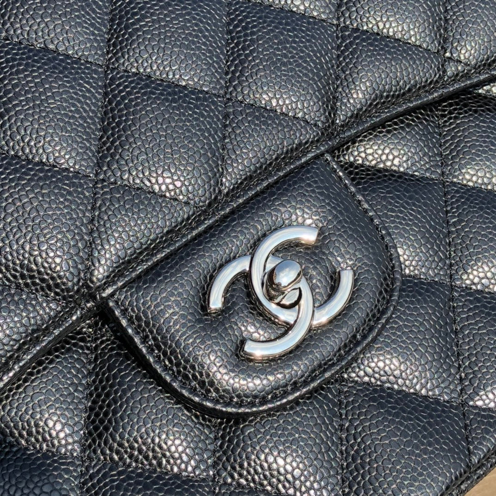 3.55 Large Caviar Leather Classic Double Flap Bag - Silver hardware
