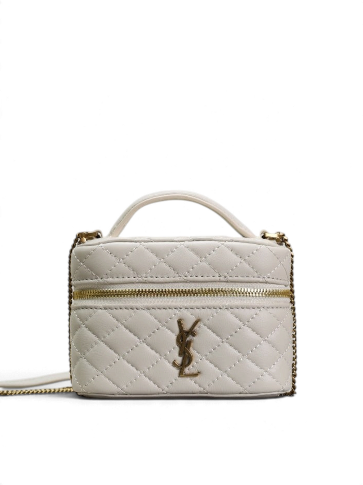 SWORD LUXURY beyaz kapitone deri vanity çanta, altın renkli YSL logo ve zincir askı detaylı, şık ve kompakt tasarım.