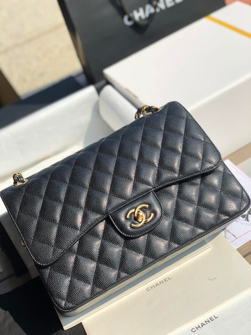 3.55 Large Caviar Leather Classic Double Flap Bag - Gold hardware