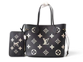 SWORD LUXURY siyah kanvas monogram desenli, deri detaylı ve çıkarılabilir çantalı geniş Neverfull tote çanta.