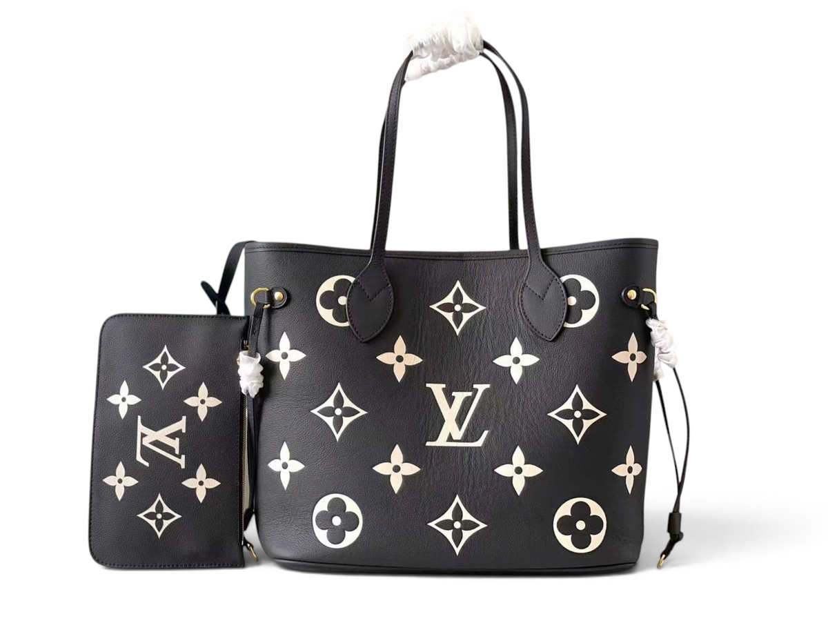 SWORD LUXURY siyah kanvas monogram desenli, deri detaylı ve çıkarılabilir çantalı geniş Neverfull tote çanta.