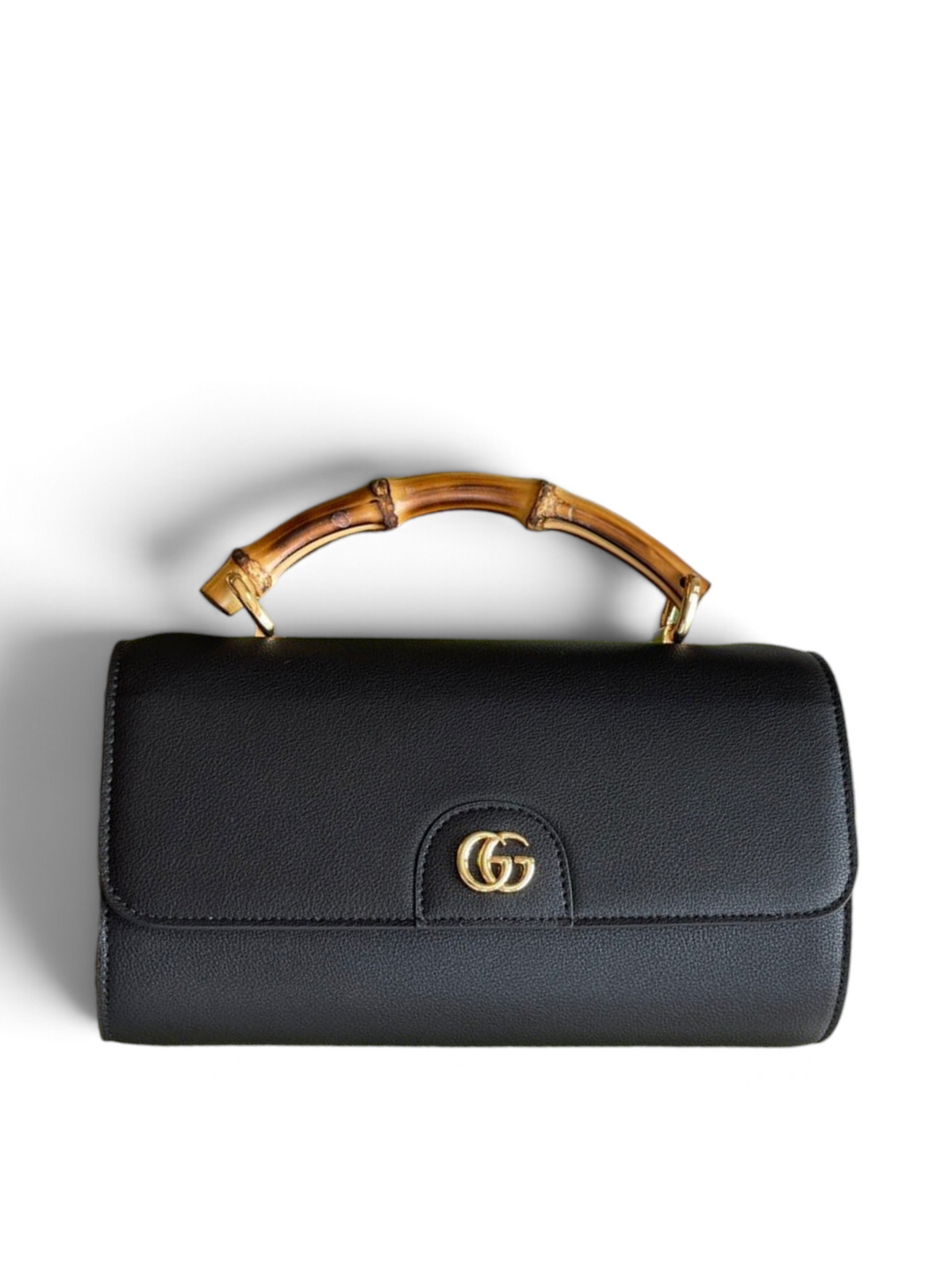 SWORD LUXURY siyah deri Gucci cüzdan, bambu saplı, altın tonlu GG logolu ve zincir askılı, kutusuyla birlikte.