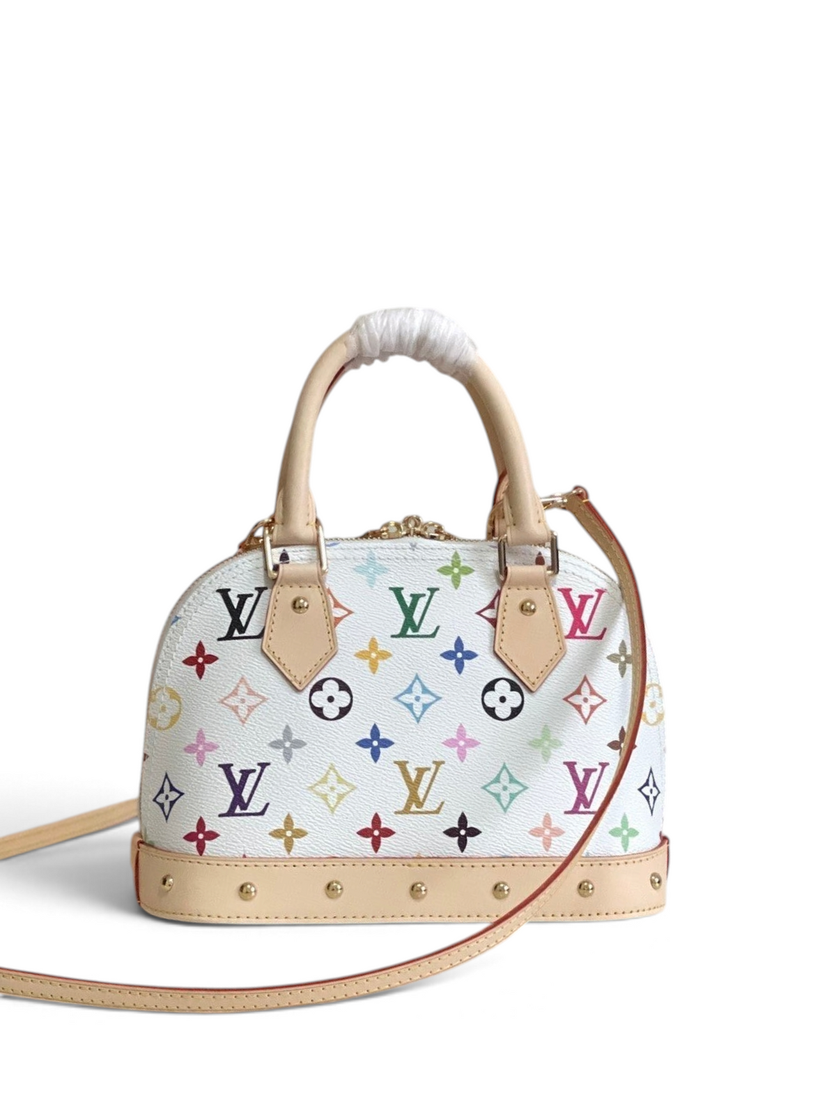 SWORD LUXURY imzalı, çok renkli monogram desenli ve bej deri detaylı beyaz Alma BB el çantası.