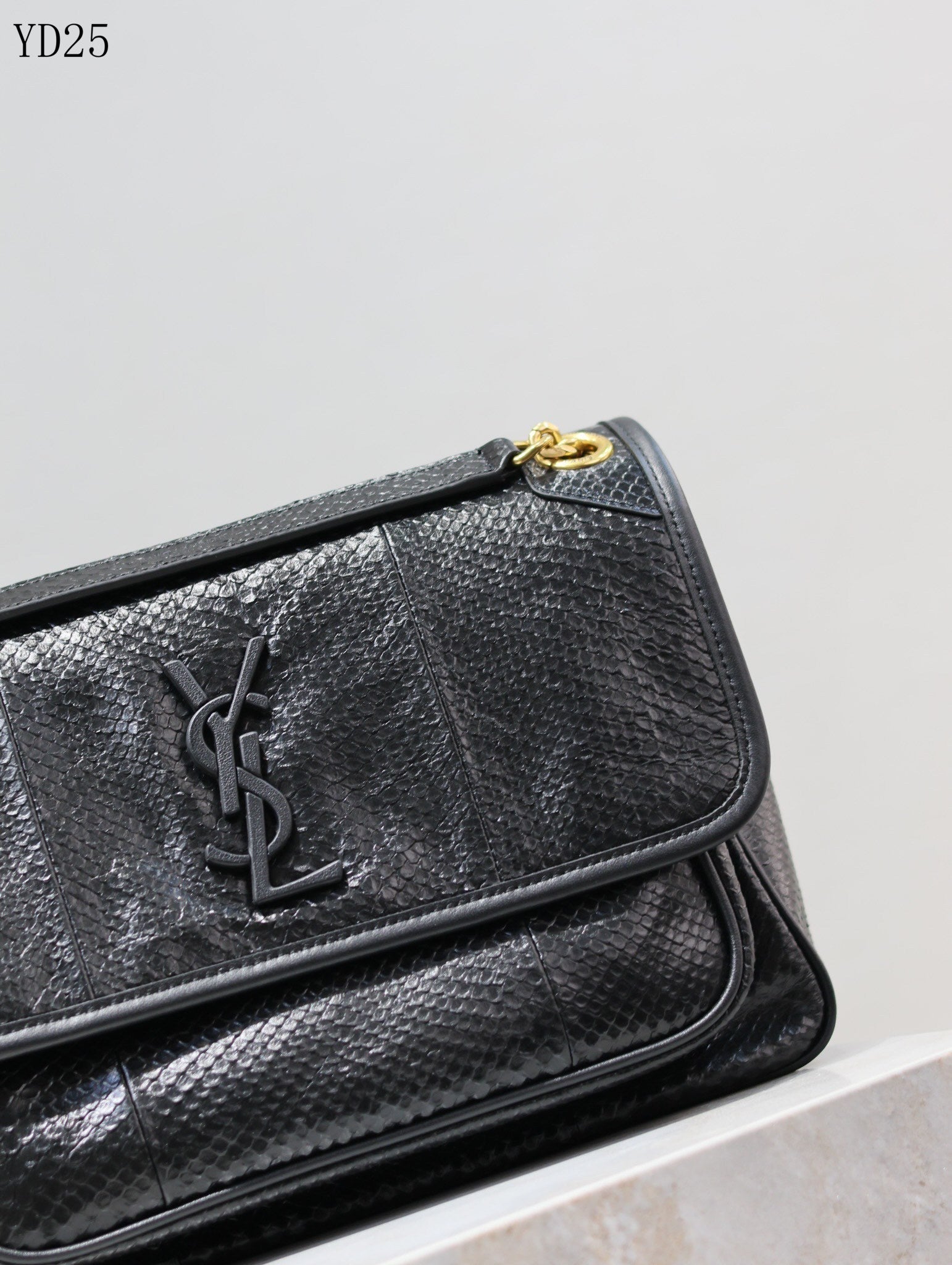 Niki Black Python-Textured Leather Shoulder Bag - 28 cm