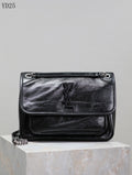 Niki Shoulder Bag - Black Crinkle Leather with Gunmetal Chain