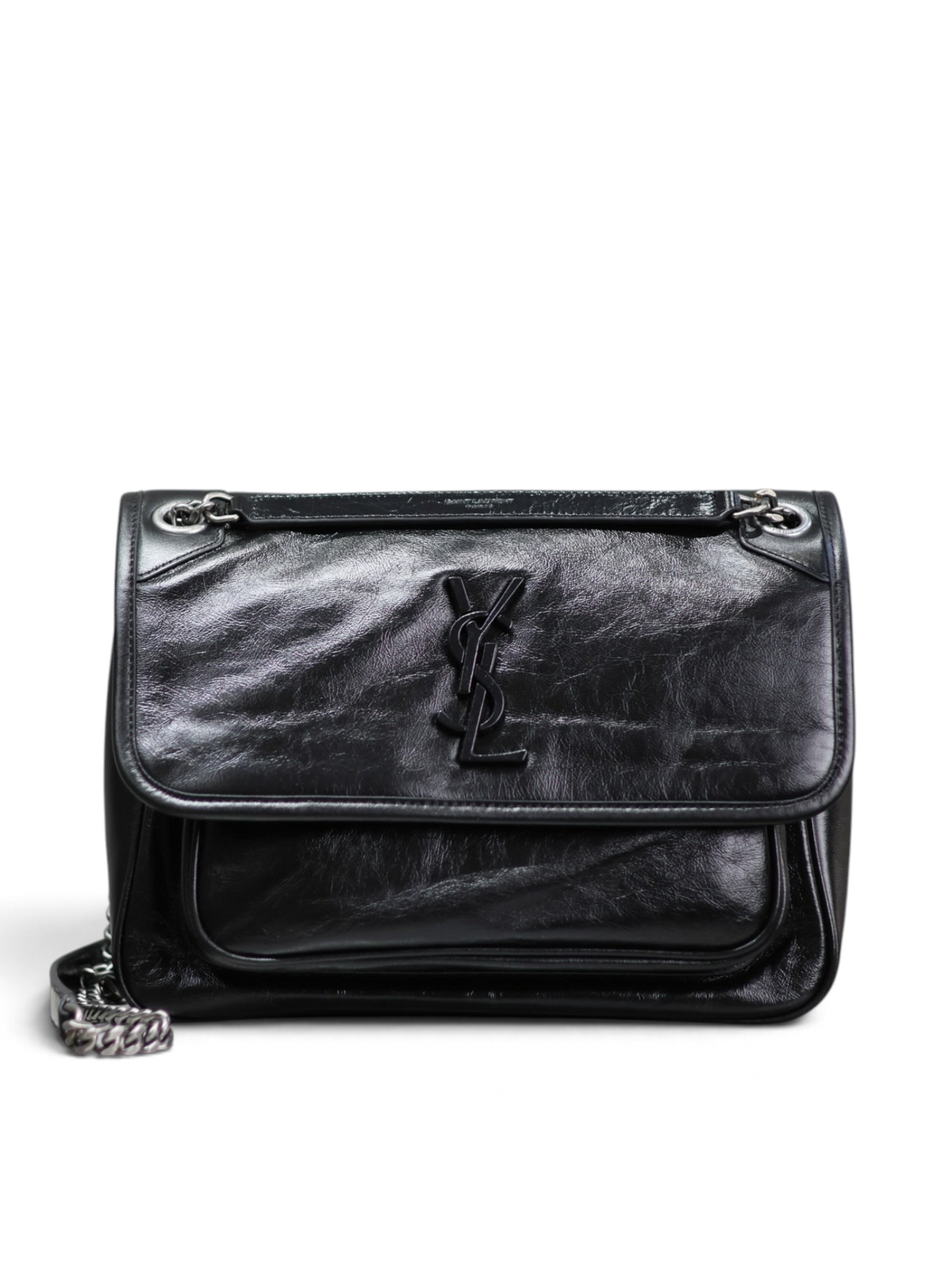 SWORD LUXURY Niki siyah kırışık deri omuz çantası, mat siyah YSL monogram ve gunmetal zincir askı detaylı.