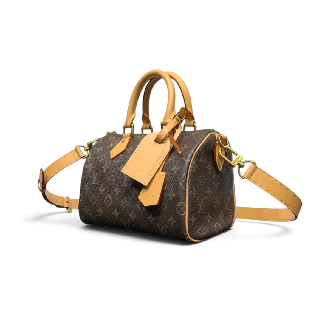 SWORD LUXURY Speedy Bandoulière 25 çanta, ikonik monogram baskılı deri, altın tonlu donanım ve ayarlanabilir askı.