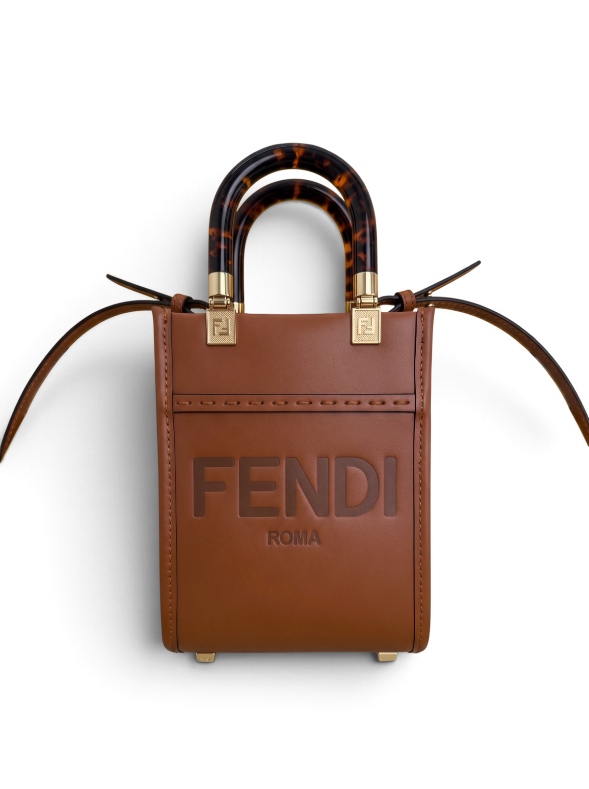 SWORD LUXURY Fendi Sunshine Mini kahverengi deri çanta, kaplumbağa kabuğu desenli sap ve altın tonlu metal detaylı.